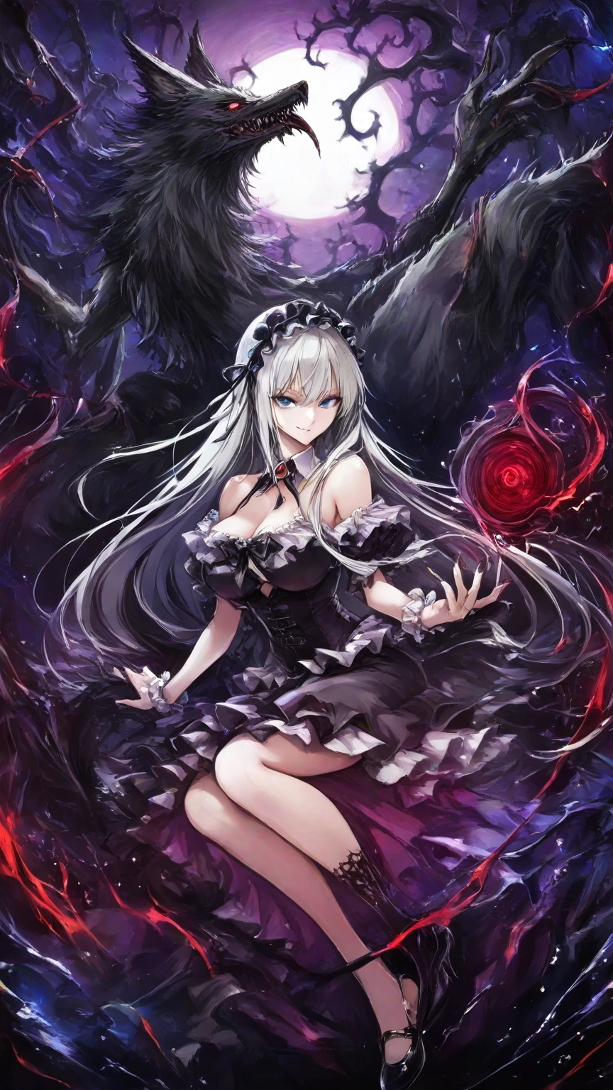 nice anime girl,Picture of box full of swords,wing, succubus theme,Excellent,scary,secret horror,tentacle,have eyes,uncanny valley effect,little beast blood moon,skull skeleton,vampire,Hellfire,gloss gel coat,Holy Angel,blood moon queen,Frost Armor,wear gloves,Wear white high-heeled boots
Silver straight smooth hair and bangs, long hair, side bangs, heterochromia, right eye is dusty-rose-red/ left eye is silver-purple
Burgundi violet and silver coloured dress ornamented with diamonds, high detailed diamond ornament on edgy airy silver dress