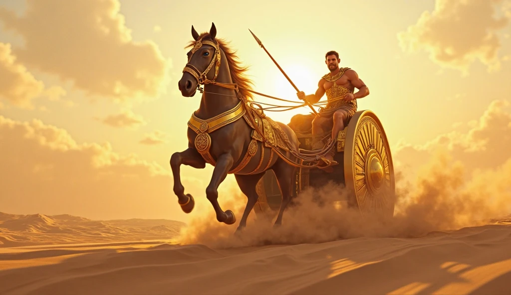 A handsome beautiful slim white skin man shirtless on top of a Roman war chariot with two horses in the desert 
