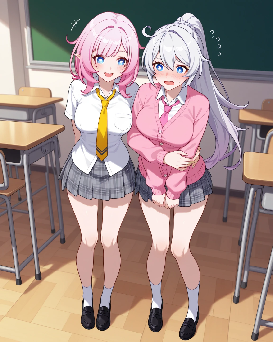 2 girls, ((smile:1.3)), shirt, skirt, (small),((classroom:1.5))、、(blush:1.3)、((青いチェック柄のskirt:1.5))、Cowboy Shot、Blonde、(skirt lift:1.3),(Highly detailed panties:1.3)、(Highly detailed pink striped panties:1.3)、、(skirt that rolls up:1.3)、(Full-fledged panties:1.5)、,((Pure white cardigan))、Light blue eyes、Glowing Eyes