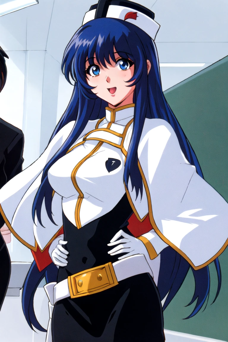 masterpiece, best_quality, highres, <lora:YurikaMisumaru:0.75>, YurikaMisumaru, CaptainUniform, CaptainHat, large_breasts, blue_eyes, solo, pencil_skirt, garter_straps, thighhighs