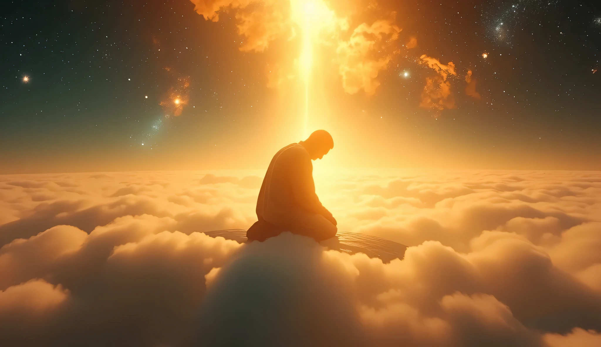 A solitary faceless figure in deep prostration, kneeling on clouds made of light and mist, suspended high above the Earth. The divine energy around figure. Above the figure, the sky stretches endlessly with stars, swirling clouds, and radiant heavenly light pouring down. The figure is fully bowed in sajda, dressed in ancient, dusty robes, his forehead touching the glowing surface. A powerful golden light descends from above, directly in front of him — symbolizing the presence of Allah. No face is shown. The entire atmosphere is sacred, spiritual, and cosmic — the first human act of submission beyond Earth. 8K ultra-realistic Islamic cinematic scene.
