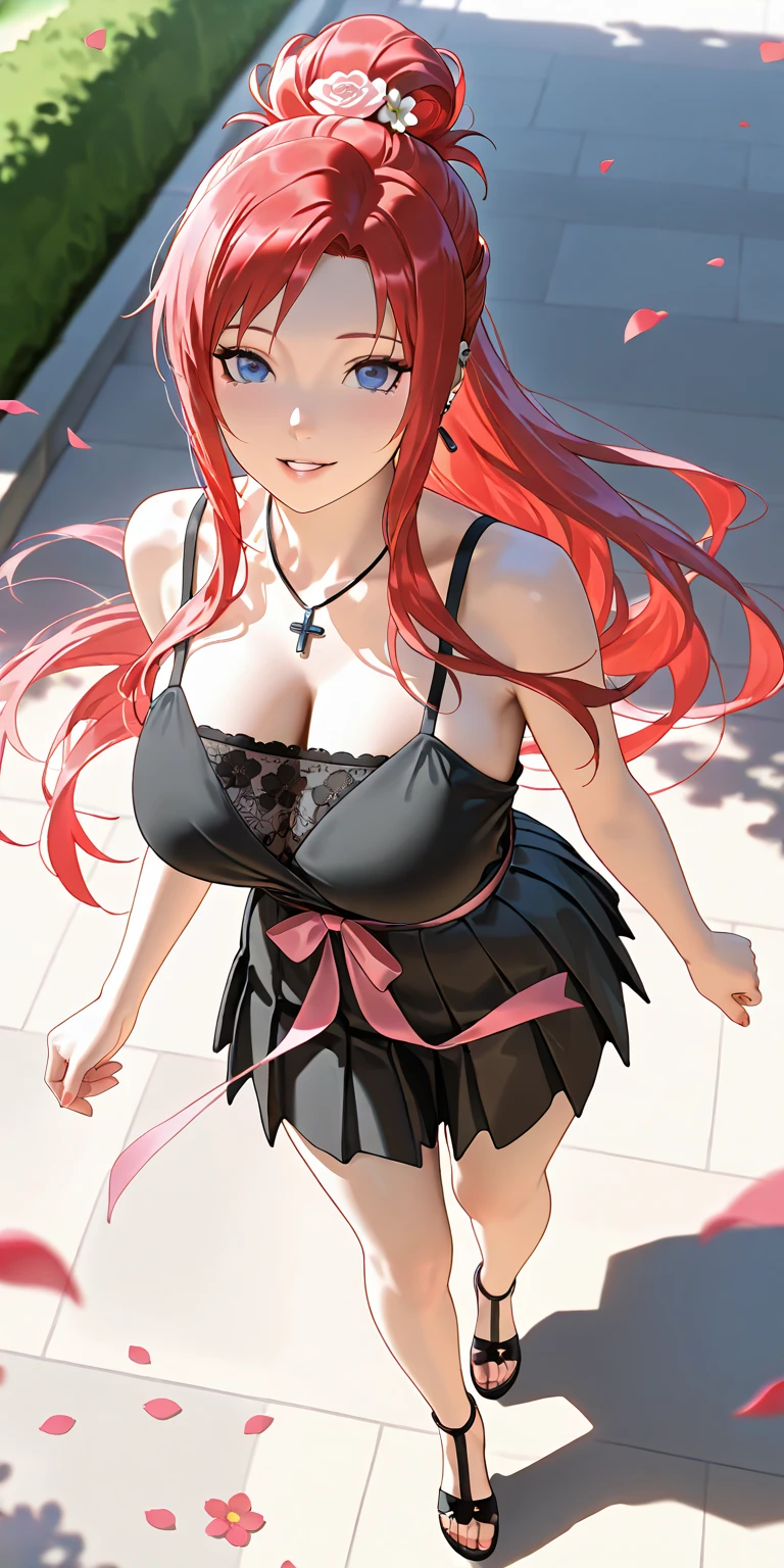 A beautiful anime girl with long red hair, stunning blue eyes, wearing a short skirt and an open white shirt revealing a black and red lace bra