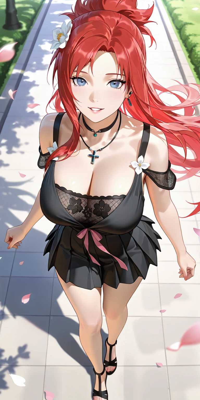 solo, long hair, breasts, looking at viewer, bangs, big breasts:1.9.9, hair ornament, cleavage, yellow eyes, full body, clip on hair, laughter ,parted lips, mole, mole under eye, Kushina,curve body,milf,motherly,mature female,night sky ,standing ,cross hand up, ,cowboy shot,oil skin, Milky white skin, ,wet hair, mercenary pose,face on front,big round breasts. slightly , slim body, sexy body, white skin ,face on camera , erotic pose,in a garden, earrings, jewellery,thicc women,face on camera , body on front,standing straight , leaning toward front,,i can see breast,sweat, steam coming from body, cleavage,( bbc in a heart shape) tattoo on cleavage,naked, black color,bunny dress, navel,down the chest,bunny ears head,I can see breast,red hair ,moaning ,one eye closed, shouting,,black tattoo , tattoo on neck , tattoo on hand, tattoo on legs