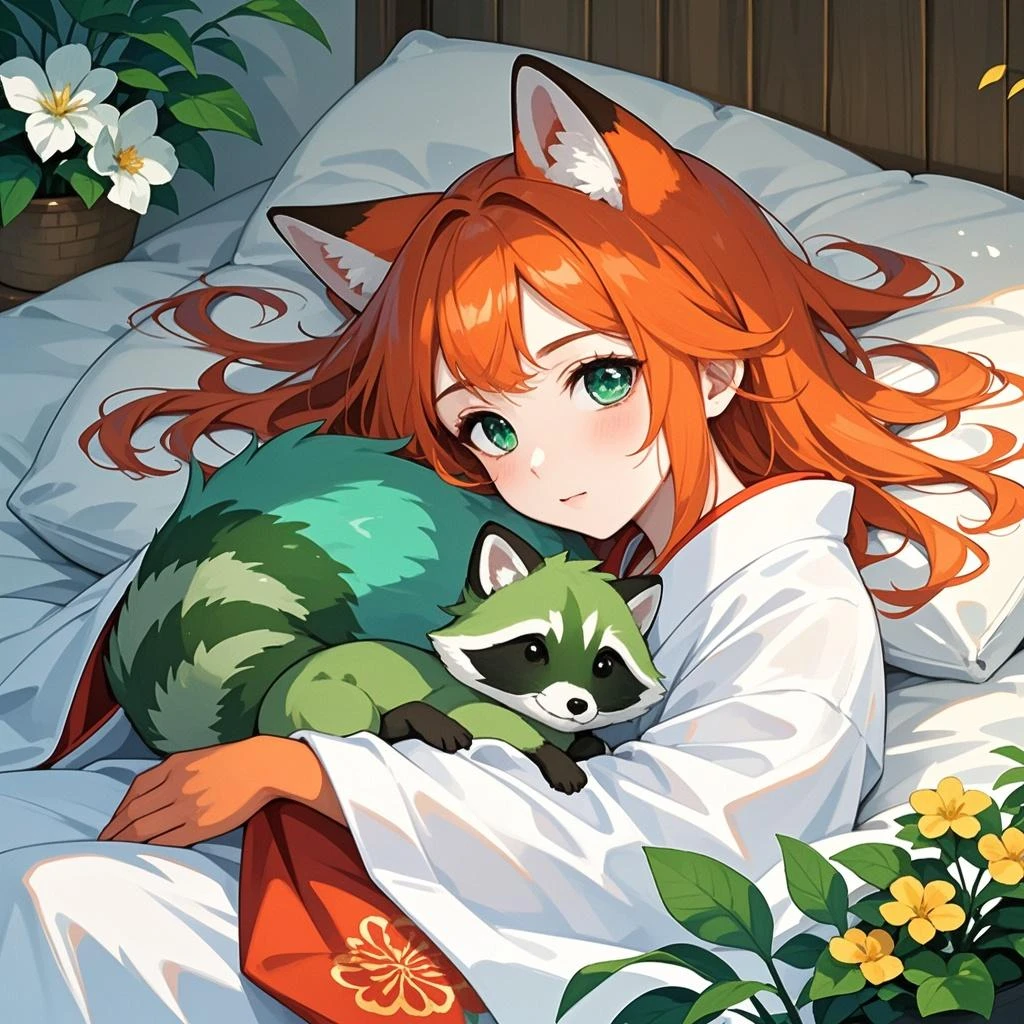 high detail, (photorealistic), realistic, masterpiece, best quality, ((portrait of Senko-san's face The helpful fox )), Senko-sancroptop, detailed face, detailed eyes, (hair flower), (hair ornament), (orange eyes), (orange hair), (short hair), tail, flat chest, sleepwear, miko, sleeping face, eyes half-open, sleeping, innocent, ashamed, blush, cute [pentagram], [lying in bed], [spectator next door],  [blanket between legs], [sleeping clinging], [Big tail], (Serene night) (Shrouded in the blanket) viewer's view: Looking from inside the blanket. global lighting, reality lighting, Unreal Engine rendering, Substance 3D, rendering