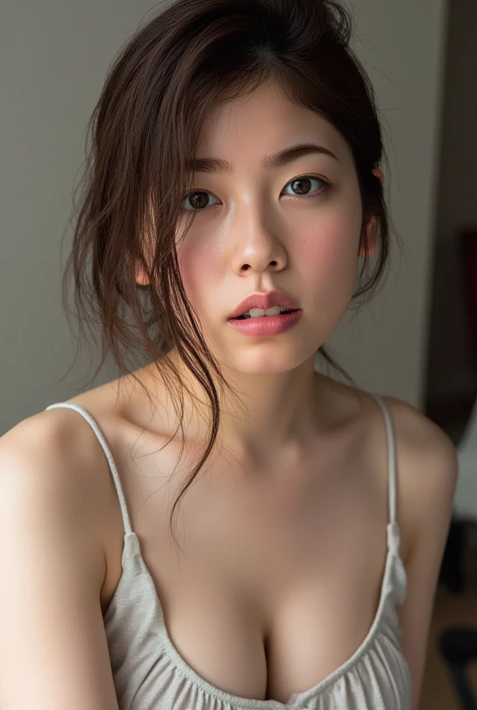 one girl, beautiful face, full body shot, lying down in bedroom, button-less blouse, black panties, legs, Messy hair, messy buns, camera upwards, voyeurism, slightly sexually aroused, sexy, intimacy, slightly insecure, soft light, warm light on face and body, computer, focus, skin and hair, soothing, high-detail skin, HDR, partially exposed, lewd seductive smirk, photo taken from below, freckle marks on the face, highly detailed, 8k, film grain, Ilford HP5, 80mm