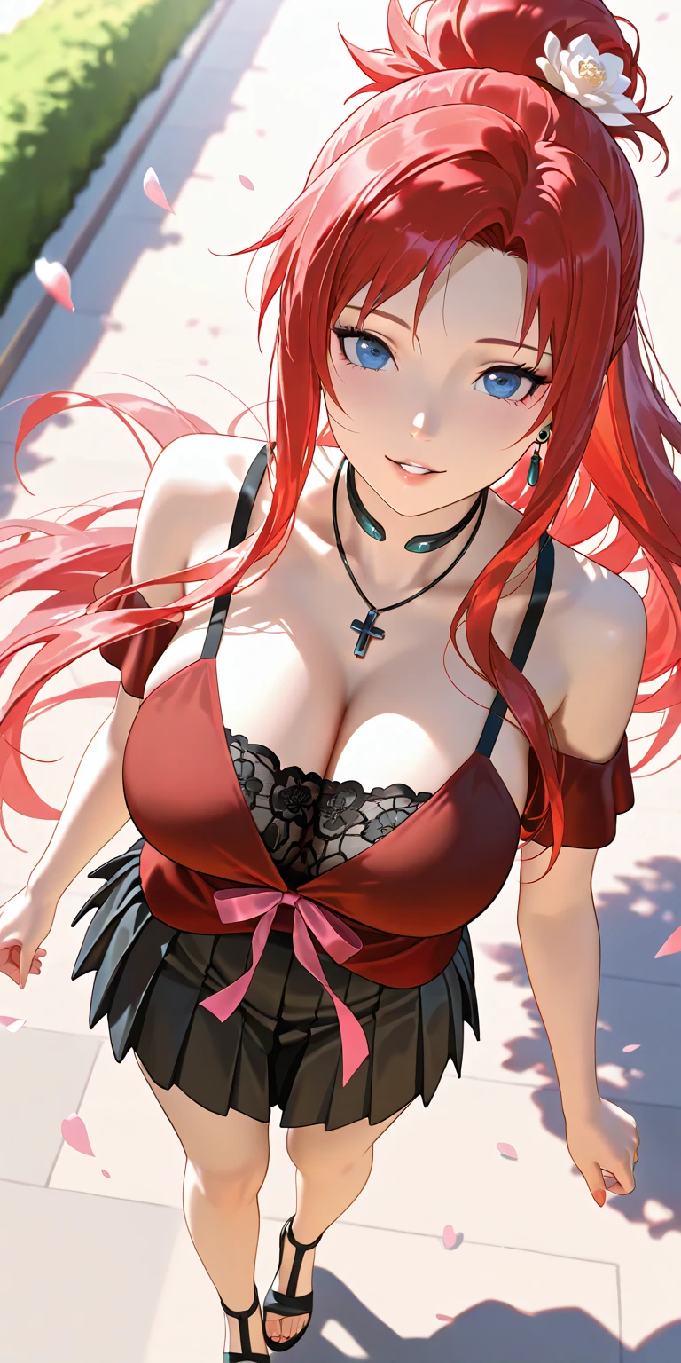 (Masterpiece, hiquality, hight resolution,Outstanding picture quality), (master study),(Crimson Theme :1.3) street,Simple Urban Background,blurred background,Warm light,Heart, [(whitebackground:1.2)::5],(From directly above:1.05),full - body, 
(1law:1.1),Mesugaki,独奏,鎖骨, necklace,ornament,(blusher:0.6), (The Heart of Ahoge:0.9),tease, (makeup:0.5), Medium breasts, (tilt of head:0.75),twintails,
bare shoulders, sparkly skin, Shiny hair,Long hair, Smile, fangs,slight smile, Upskirt, naughty face,(heart-shaped pupils,bright pupils:1.1),