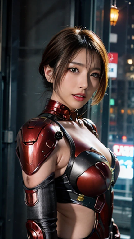 (Fighting mechanical robot soldiers),Full body,Best quality,Masterpiece,Super A high resolution,(Futuristic female warrior),(Collar),(Photorealistic:1.4),RAW photo,1 girl,Golden hair,Shining skin,((Beautiful girl)),((Ultra-realistic details)),Portrait,(Small LED lamp),(With cutting edge weapon),Global illumination,Shadow,Octane rendering,8k,Armpit,Ultra sharp,Giant ,Small LED lamp,Cleavage exposed bare skin,Red bodysuit,Armpit,Cyberpunk city background,Intricate decorative details,Japanese details,Very intricate details,Realistic light,CGSoation trend,Blue eyes,Shining eyes,Facing the camera,Neon details,(Arms spread to the sides,Christ pose),Large breasts,Nipples,Collar,Hands tied,(Red metallic bodysuit),,