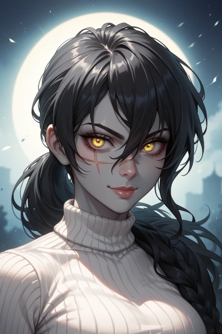 1 girl, (dark skin:1.2), shy, cute, cold expression, (8k, RAW photo, best quality, masterpiece:1.2), (realistic, photorealistic:1.2) (ultra-detailed, Super detailed:1.2), vivid colors, studio lighting, portrait, Yellow coloured eyes, blank eyes, Night clouds background, Aesthetic, romantic, Luna, Vampire, wearing goth collar, black hair, unbuttoned shirt revealing her chest, smirking revealing her tiny sharp fangs