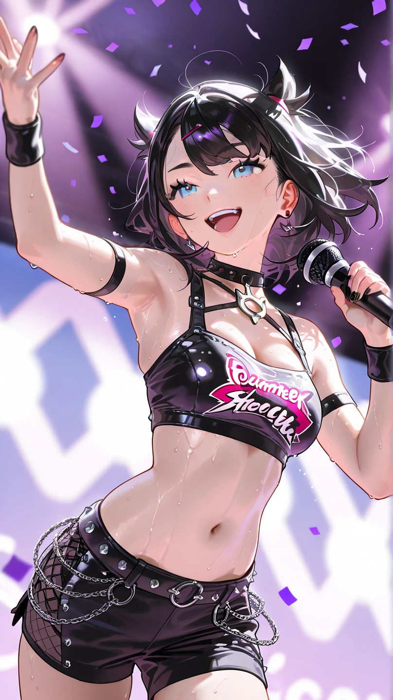 solo,(looking away:1.2), upperbody, multicolor curly sideup hair, (tsurime), big forehead, eyelash, punk lady clothing, offshoulder, black camisole, pink miniskirt, fishnet stockings, punk rock image, Sing a song、(diva),(I am the star)、grin