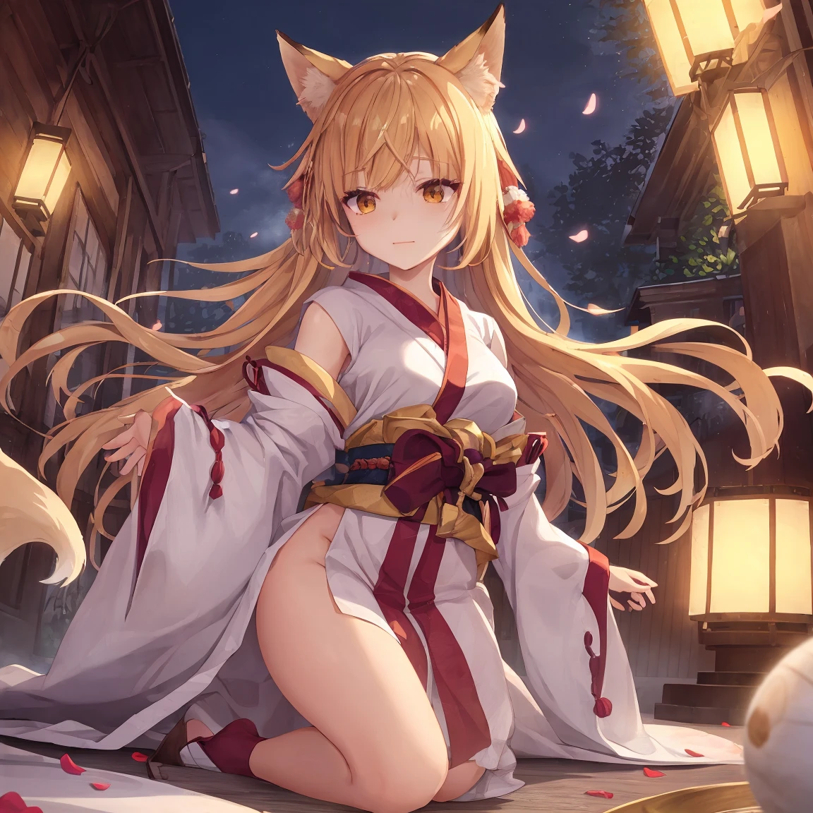 masterpiece, Highest quality, Miko costume ,yellow fox girl,Yellow Eyes,{White skin} ,(tiny chest:1.3) ,Glowing Skin,Embarrassing,Open your mouth,nsfw,blonde,Long Hair,,Outdoor,Covered, Are standing, Japanese Shrines,