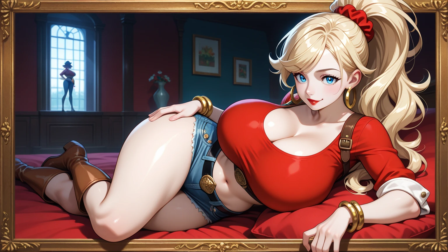 Blonde polar bear woman, wearing a Christmas bikini, perfect face, blue eyes, big breasts, cleavage, three-quarter view, solo, smile, perfect detailed body, pink lipstick, gold earring, hand on hips, blushing