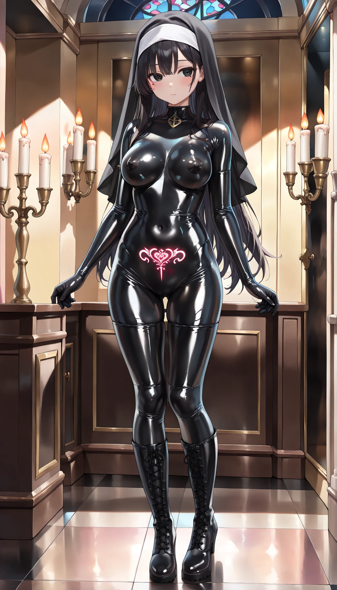 score_9, score_8_up, score_7_up, score_6_up, Anime Woman, anime style, A woman in a black lingersuit poses for a photo, wearing black Latex outfit, intricate Latex set, skintight black Body, very sexy outfit, intricate wet Latex suspenders, look sexy, chrome Body, hole body, wearing a black Body, Body, Latex, in a church, schwarzeesse