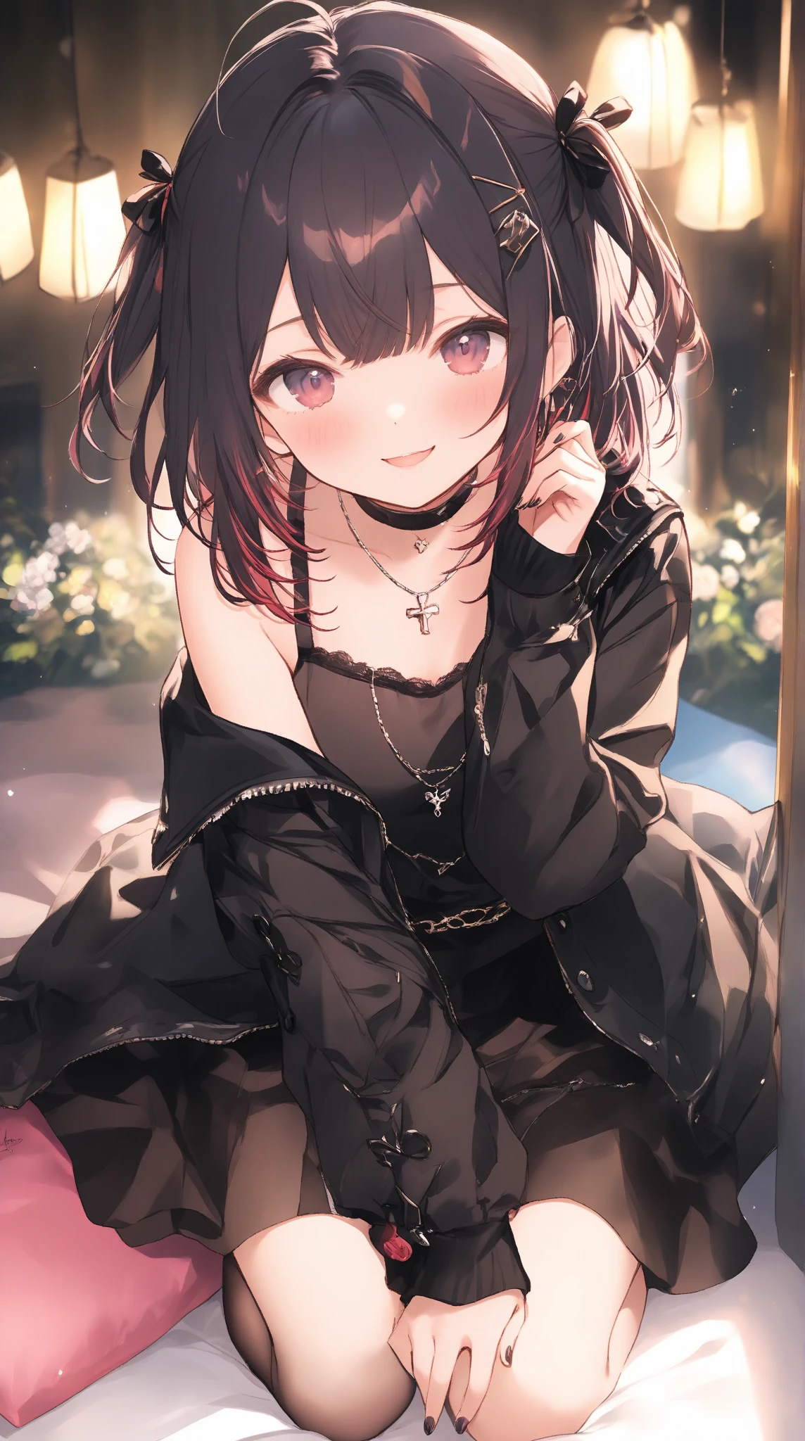girl、Small breasts、Black Hair、Black off-the-shoulder dress、Sit on the sofa、Show off your breasts、Adult entertainment establishment、smile、Put your hand over your mouth