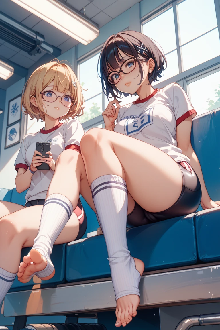 A detailed illustration、ultra res、４K、(2 girls in:1.5),(The two of them are sitting vulgarly.:1.3),(Micro bikini with very small fabric area:1.5),(micro bikini only:1.4), Happy smile, Blue eyes, masutepiece, Best Quality, Detailed, Lori, Two junior high school students,(2 girls in:1.8),( Wet with sweat:1.2), (Wet Sheer White Micro Bikini(can see through,teats see through:1.4),(Numbered:1.4)),(Wet and transparent black micro bikini):1.4),Lori, (Very small:1.7),(Big:1.3)(Girl with wavy hair in a bob cut:1.4),(girl with short cut glasses:1.4),(we are a team:1.6), (小柄:1.4),(Wet and transparent white low-rise racing bloomers(Contains many sponsor logos:1.5),(Sticks to the crotch:1.2):1.6)、(Mansuji muscle:1.4),(Looks beautiful:1.Hair grows on pubic bone:1.6),(Athletics stadium during the competition:1.5),(No Underwear:1.4) ,(小さなteats see through:1.2),(matching track shoes:1.2),(Her beautiful little parts are clearly visible:1.4),(I can see the shaved hair:1.4),(I can see pubic hair growing:1.3),(Both of them spread their legs wide:1.5),(I can see her salmon pink color  :1.4),japanse, small brest, Vulgar