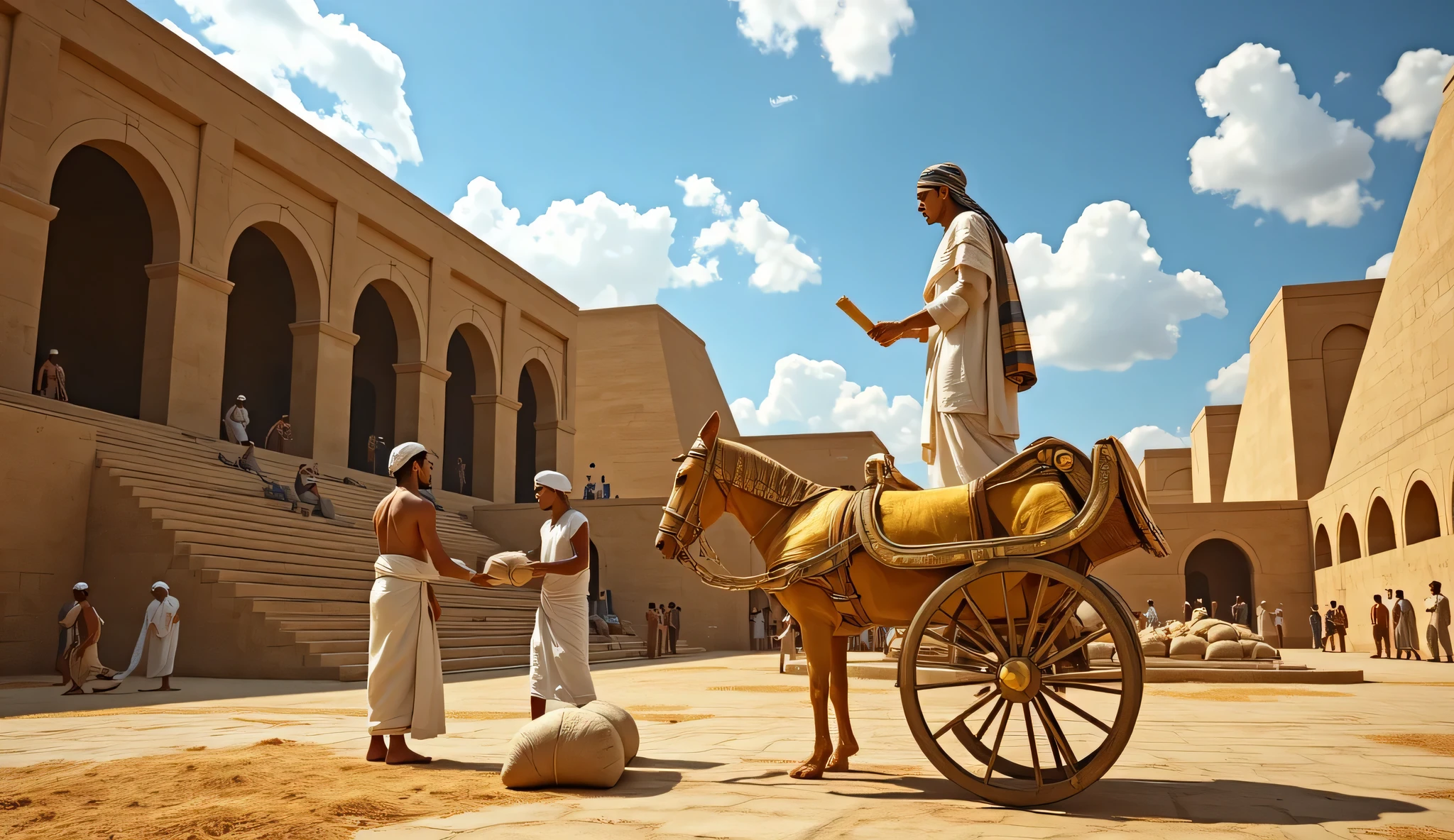 Ancient Egyptian scene showing a high-ranking royal figure standing barefoot on a golden chariot, wearing a white robe and a striped royal headscarf, holding a scroll and giving instructions. The scene is set during a famine in ancient Egypt. Two bare-chested men in white cloth are handing over large sacks of grain. In the background, large arched stone structures, workers carrying wheat bags, and steps leading up to huge storage buildings are visible. The sky is bright with scattered clouds, creating a divine and historical atmosphere. No modern elements. The focus is on historical setting, wheat distribution, and ancient architecture. Cinematic lighting, 8K realistic, Islamic historic style.