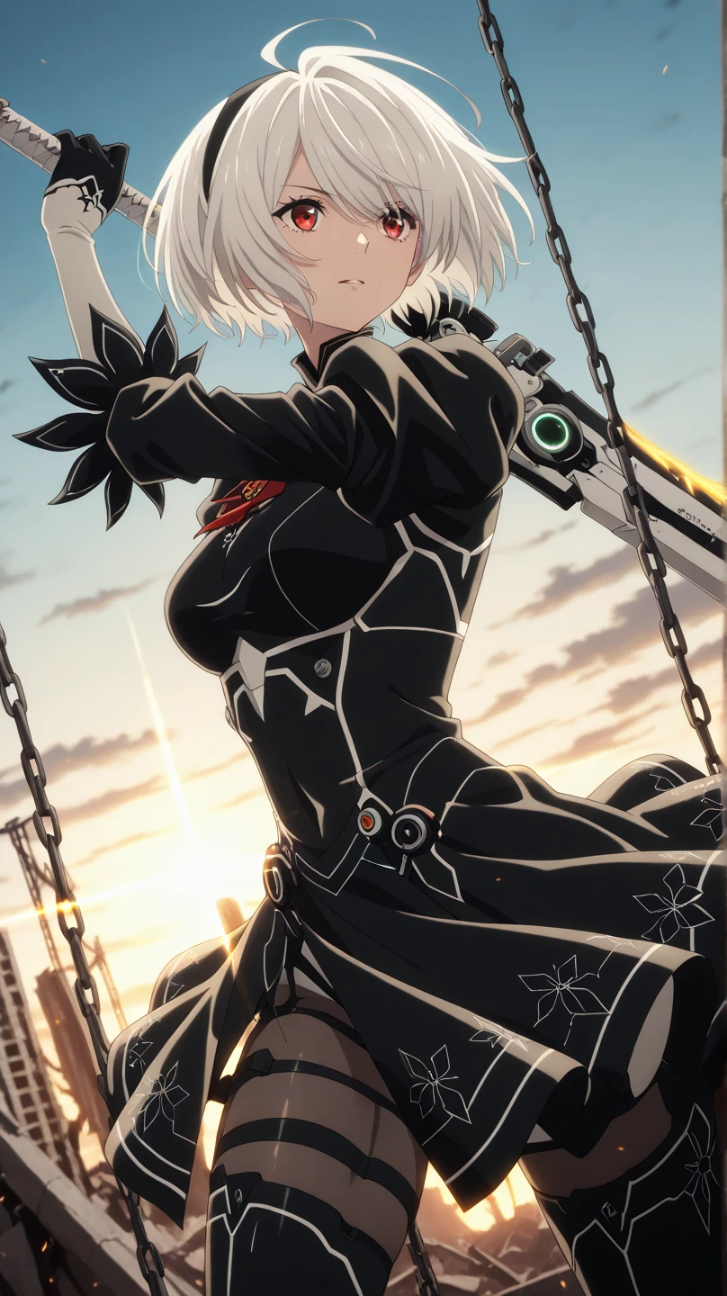 fantasy, 1girl,young_teen, ,silver_hair, short_hair, long_bangs, bare_shoulder,thighhighs,silver_armor, waist_armor, large_breasts,half_eyes,floating, bare_??????, headgear,gauntlet, greaves,city_background,slightly_spread_legs, solo, groin_?????,hair_over_one_eye,rise_knee,rise_leg,