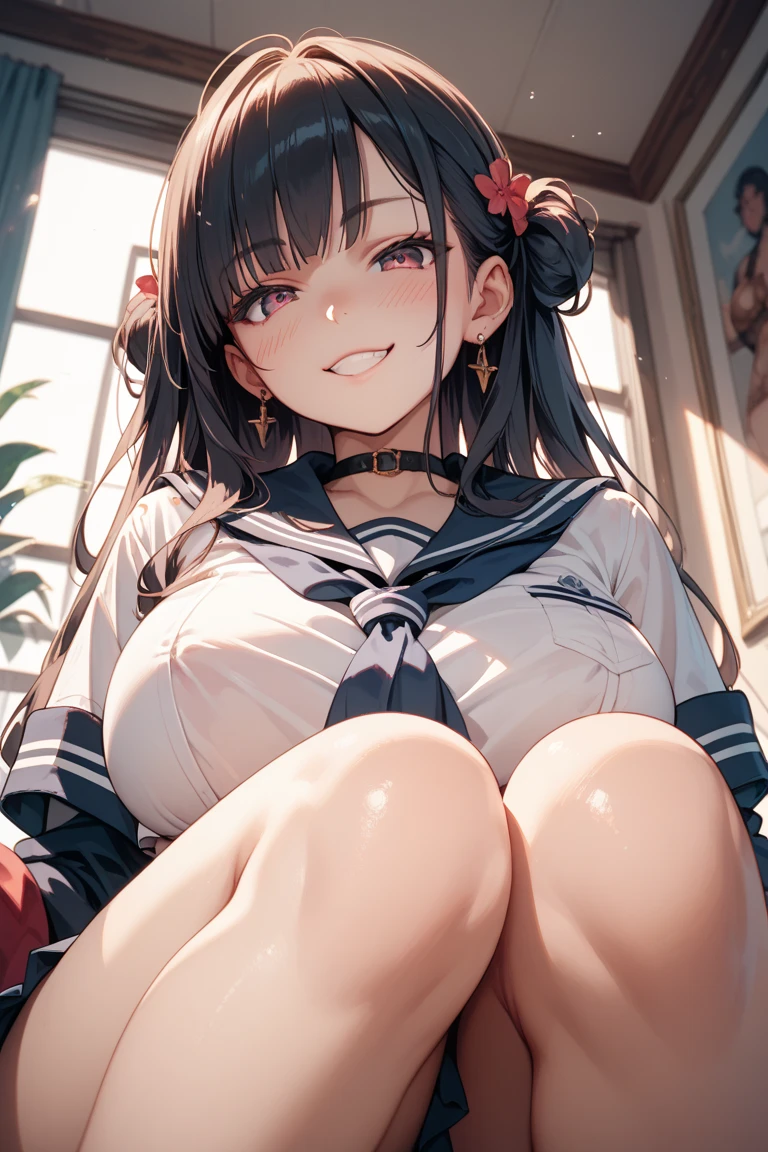 NSFW, 1 woman, solo, orgasm, ahegao, (crying:), (drooling), smile, steam from pussy, green detaled eyes, (Nipples:1.5), (spreading pussy, Pubic hair), (clear pussy juice:1.3), showing public area, (Large breasts), (cleavage), (on a bed) , (spread legs to limit, one knee up:1.5), ((thin thighs)), (white crop top shirt), (sleeveless:1.3), (Sailor uniform only for the upper body), masterpiece, Best Quality, High quality, High Definition, Finely detailed, Detailed texture, realistic representation of face, Realistic, Colorful, Ray tracing, lighting forward, (Detailed beautiful delicate face, Detailed beautiful eyes, A perfectly proportioned face, High detailed skin, best ratio four finger and one thumb, ((Smooth texture, Realistic texture, Photorealistic)), (Beautiful face, Cute face, Detailed face), (red ribbon tie), Navel, blue sailor collar, (Sheer Micro Mini Skirt), side ponytail