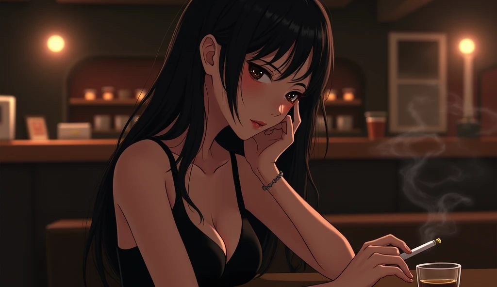Gal、Wearing a tank top、restaurant、Drinking wine、Close-up of face、Staring at me、laughing、Her hair is brown.、Around 25 years old、Anime style illustrations
