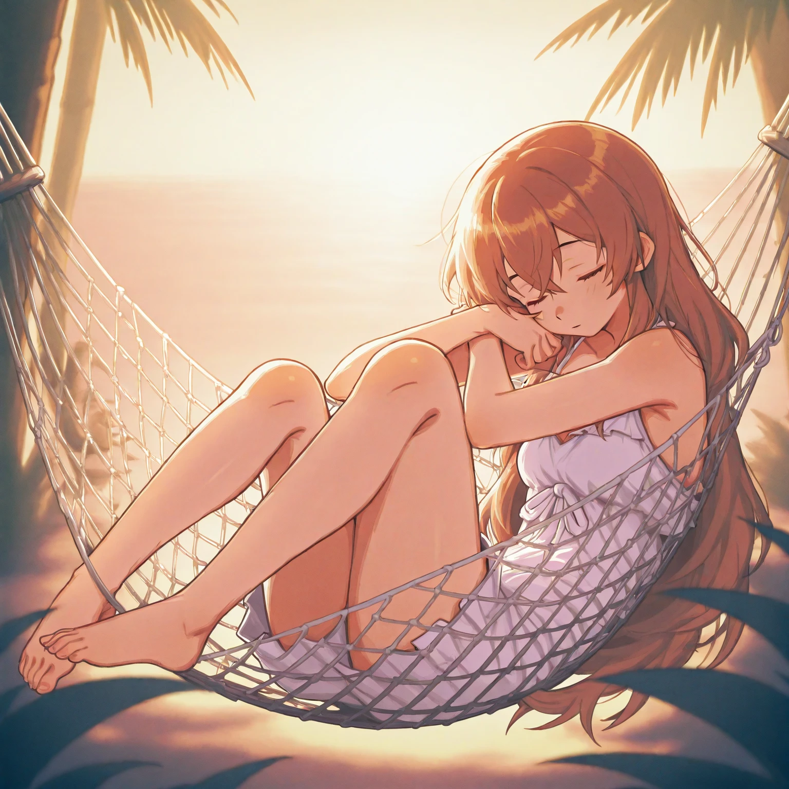 (detailed background), (detailed fingers), (masterpiece), (4k), (best quality), light dark skinned anime girl, dressed in a cute bikini top and flowy skirt, curled up in a peaceful slumber on a grassy hill, ((her hand pressed tightly against her stomach in discomfort)), (long wavy brown hair), (necklace), (wet sweaty body)