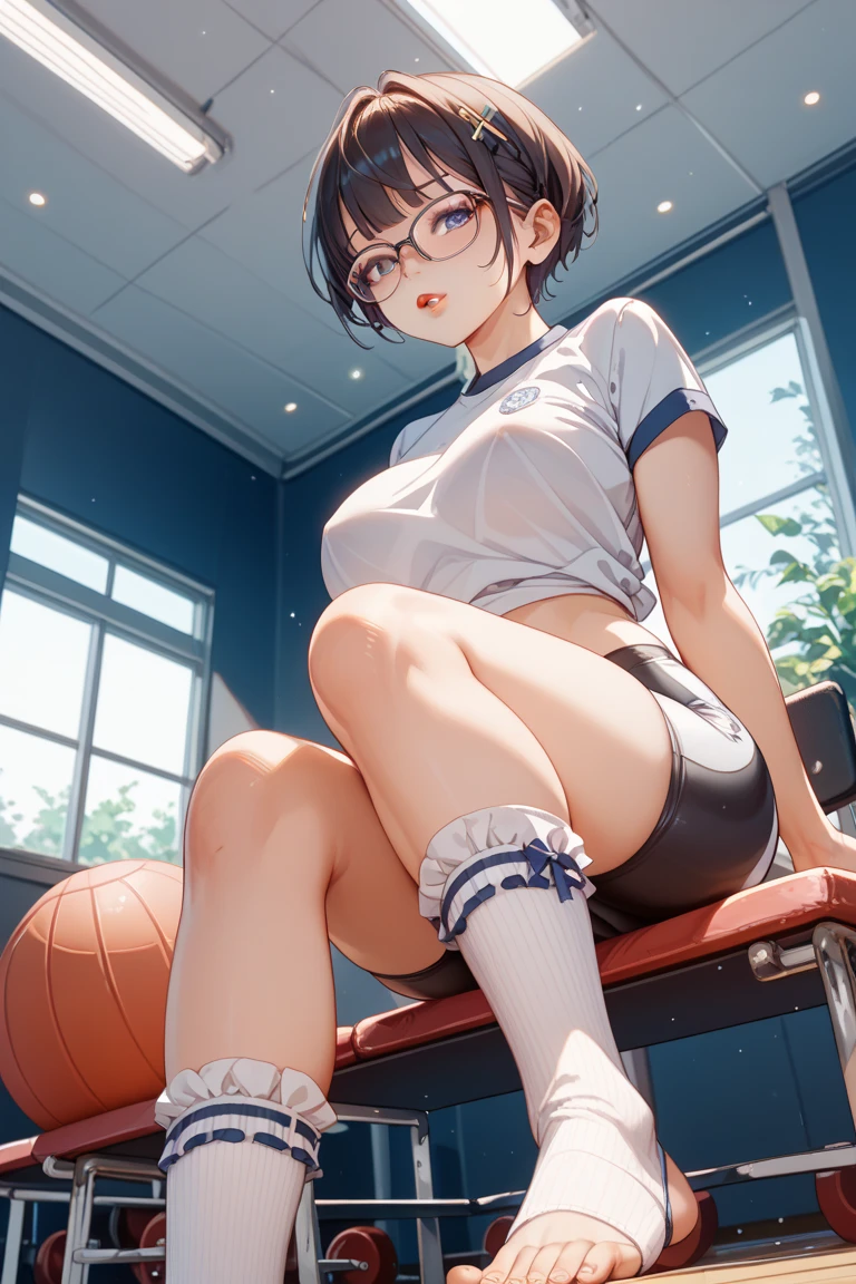 score_9, score_8_up, score_7_up, source_anime, best quality, masterpiece, official art, absurdres, highres, ultra-detailed,waifu2x,Collection: Slice of Life,break,1girl, basketball uniform, underwear, bra, short hair,glasses, medium breasts, beautiful detailed eyes, sweat, open mouth, dressing, sleepily, indoors, school locker room, break,(clear line illustration:1.2), super detailed skin,very high resolution, very aesthetic, Best sexual lighting powered by famous artist, 8k,cute picture,beauty illustration,photoshop_(medium),,(Detailed Lighting),best anime 8k konachan wallpaper, pixiv contest winner,