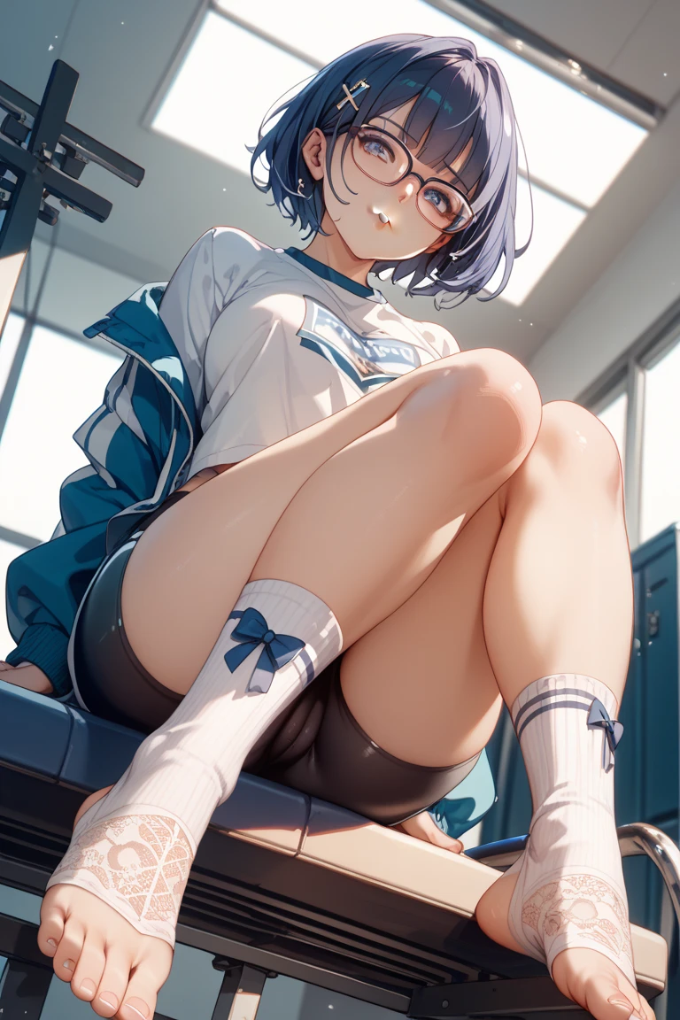 ((masterpiece)), ((Best Quality)), (Ultra-detailed), ((kawaii)), Cute, (lovely), ((Sexy)), (Ero:1.3), ((Extremely detailed)), 4K, (8K), Best Quality, (Beautiful), Illustration, Anime style, Painting, Dynamic Angle, Cowboy Shot, from below, Drama-style Play Ground room, Open both legs, sit on a desk, full body focus, Cute little girl s, 1girl in, Solo, gym uniform(jp), (Randomly select a hair color), Beautiful random colored eyes, ((Beautiful eyes)), White-skinned, Random hairstyle, Buttocks, (Colossal tits), (Smirk:1.2), grin, (blush:1.3), Sweat, sparkling effect, Lens Flare, shiny-glistening, gleaming