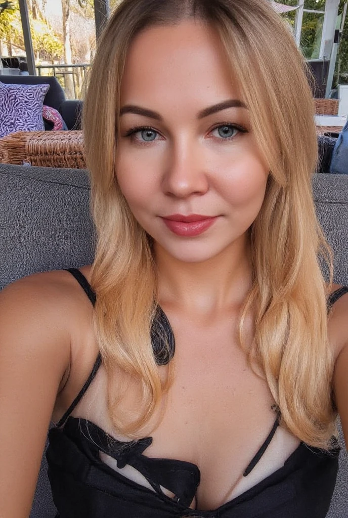 closeup of vecstr wearing black clothes, a cafe at sunset, blonde hair, <lora:VeCstr_v3_locon_64_64:1>