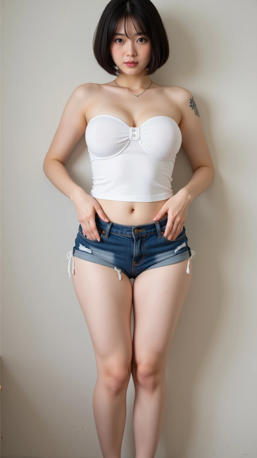 Highest quality、Ultra-high resolution、masterpiece、、Clear photos、(very cute日本の女の子)、smile、(whole body)、(very cute!)、thin、Very short hair、(Low-rise denim shorts:1.6、Unbutton、Pull-down denim shorts:1.2)、(White panties are visible)、 White tank top、Vivid depiction