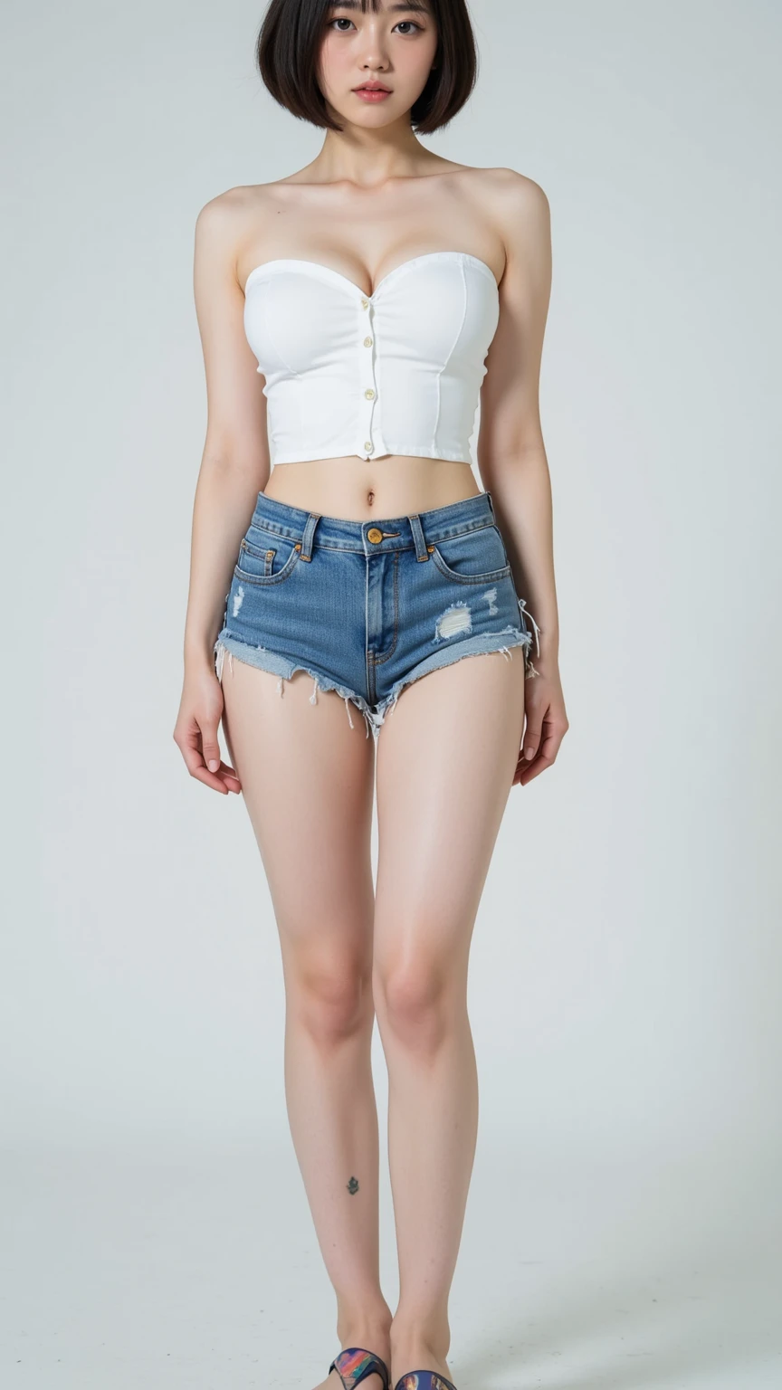 A woman in a ripped denim skirt, Red hair, white bra, 20cm red heel showing legs