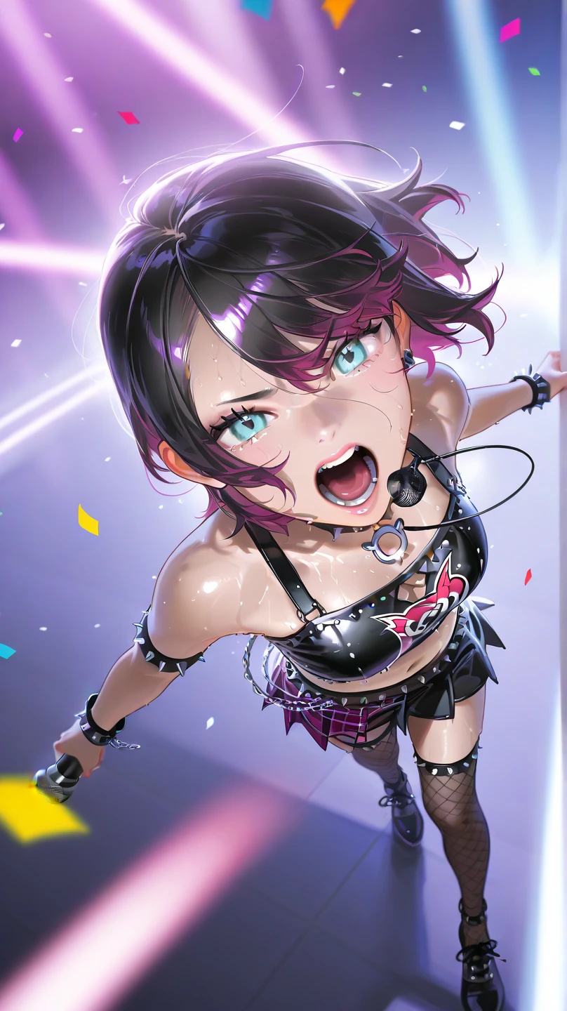 1 female,black hair,((12 years old)),(((blue shiny skirt)))((Sexy black micro bikini))(((blush、open mouth smile)),(((Yuki Mikan))),((())),crowd,(()))(baby girl body shape)(((small breasts)))sexy pose,()((wet with sweat))(((Shiny clothing)))