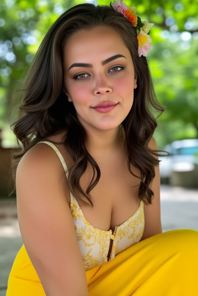 mulher de 23 anos em um jardim, huge bust ((peito enorme gigantesco)), curved, gordo, blusa fofa,saia plissada,kind smile,flowing brown hair,soft lighting,grama verde,flores delicadas,pose brincalhona,cores vivas,retrato,Modern artistic style, peitos grandes