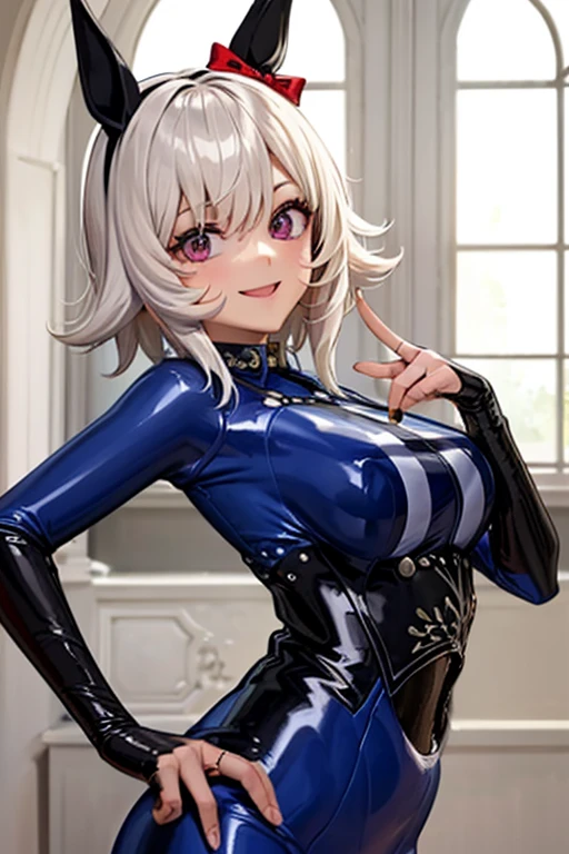 biwa hayahide \(umamusume\), under rim glasses, Sexy body, plump, curvy, big tits, sexypose, hip up, Crouching, spread legs, glossy latex suit, (((Transparent latex suit))), (((Transparent latex suit)))