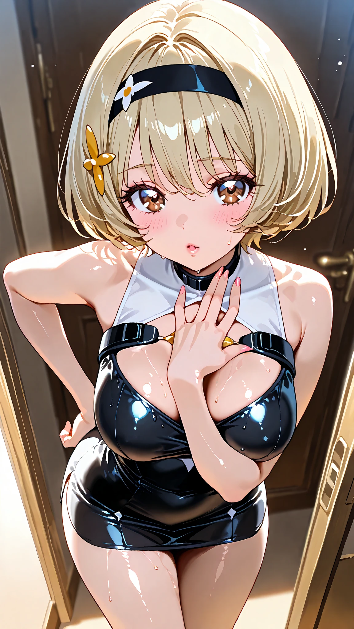 Sleeveless,Sweaty,A perfect smile, (Perfect Anatomy, Anatomically correct, Highly detailed skin), Cute and symmetrical face, Perfect Face, Perfect Eyes, Perfect Fingers, Five Fingers, ((Hairstyle,Inner Color,blonde,Bobcut))take off your clothes,Clothes are open,((Large Breasts))Angle from below,mini skirt,Sexy Breasts,Creampie,tearing clothes,(((womanは眠っている,男性はwomanの隣にいる,woman))),Take off your panties