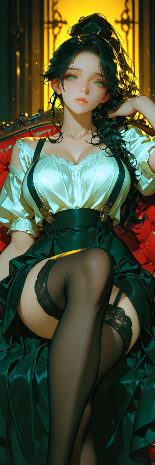 (best quality,highres:1.2), (ultra-detailed), (realistic:1.37), (HDR,UHD), (physically-based rendering), (Gorgeous and stunning curvy voluptuous Denise Milani), beautiful supermodel face, ((glossy olive green shirt, buttoned up:1.3)), ((glossy olive green pleated skirt:1.3)), ((sexy nylon stockings:1.3)), ((short stiletto-heeled leather combat boots)), ((full breasts:1.3)), ((perky breasts:1.3)), ((cropped, straightened jet-black hair:1.2)), (beautiful large green eyes):1.3), ((thick thighs:1.2)), (defeated himiliated pose), (lying down on a bed), (lying down with legs spread), (full body portrait), nylon stockings, shirt buttoned up, sexy fighter, (hot red lips, makeup:1.2), big_boltedontits, boltedontits, th3p1t,