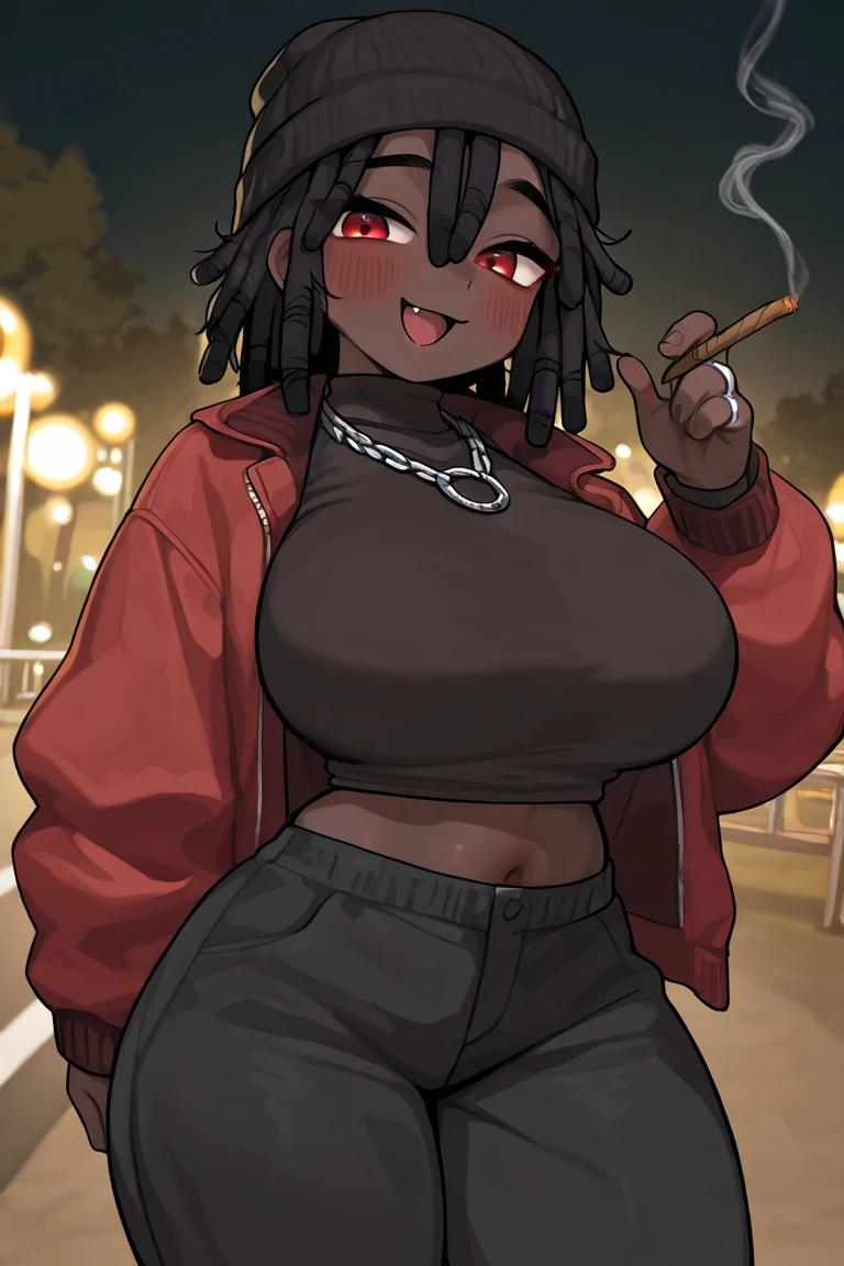 calidad superior, Obra maestra, Ultra high resolution, anime illustration of a girl with afro hair, dark skin and a tattooed body, she only wears a bra and very tight shorts, she has huge tits and she is on a street smoking a cigarette