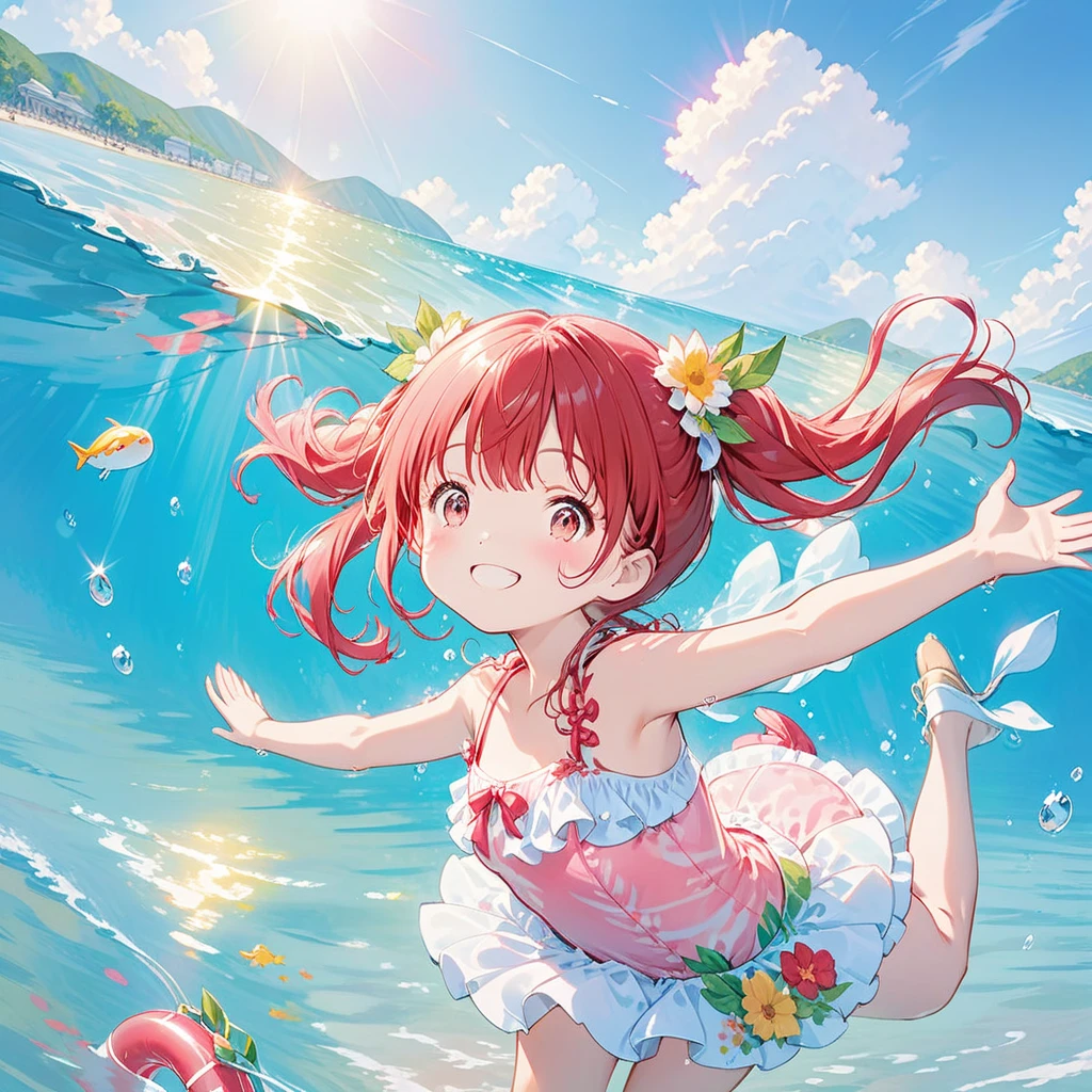 A girl undressing at a beach house、A light red bra and cute red shorts are visible against a pure white one-piece dress、barefoot、Sandy beach, cumulonimbus clouds and blue sky