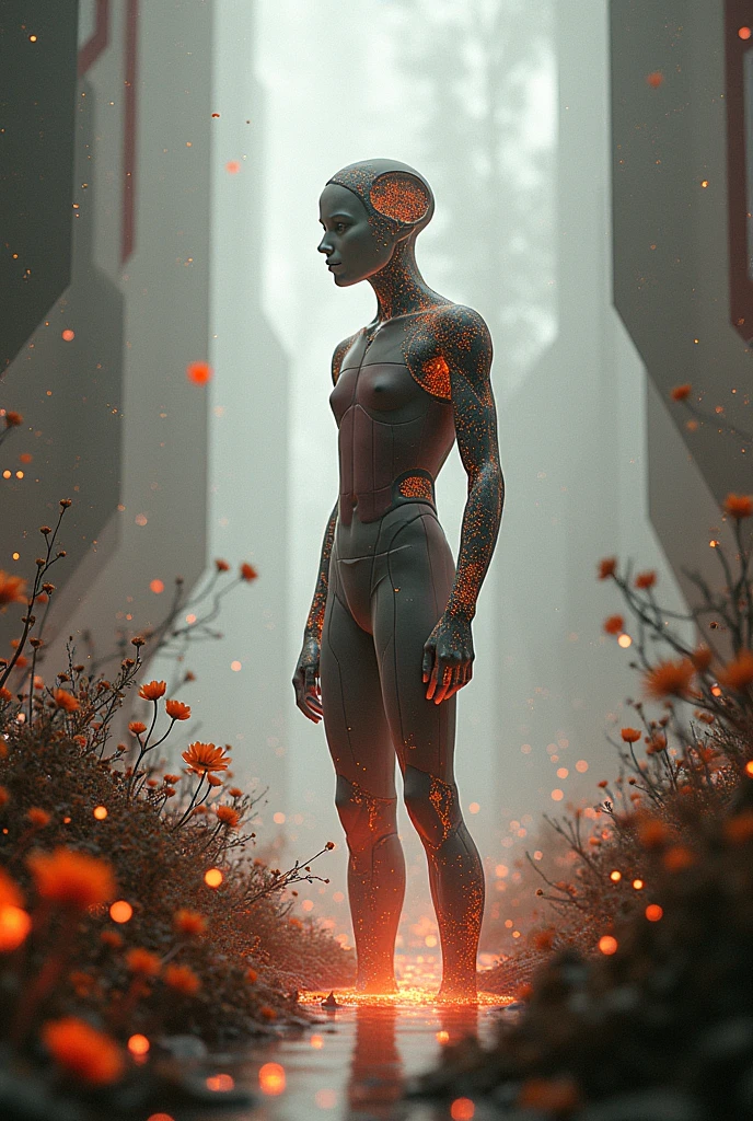 Full body shot of a black boy sculpture holding a banquet of roses, in a forest with leaves falling from the sky, sunlight piercing through the forest providing a contrast of leaves shadows around the sculpture. 32k ultra HD, unreal engine rendered, hyper-realistic image,
