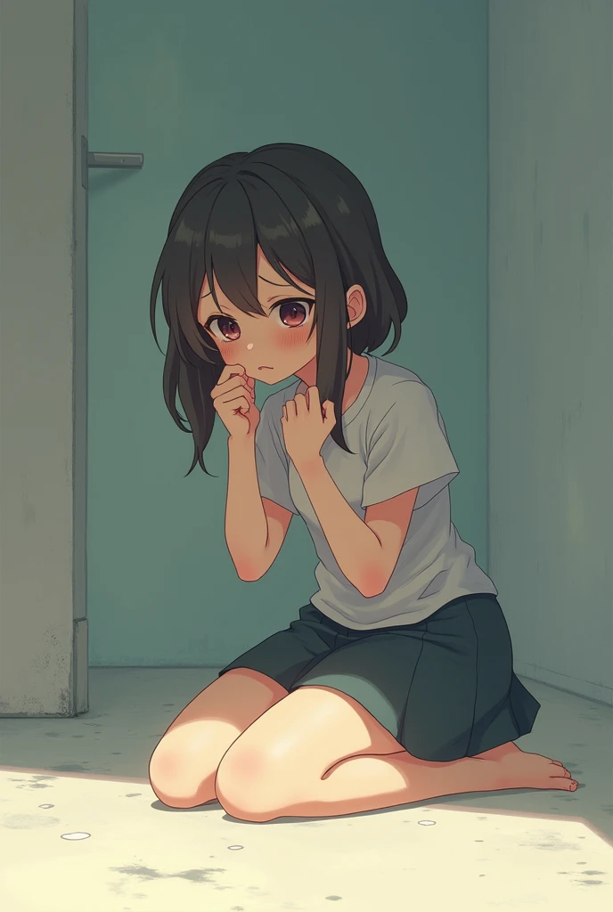 girl with、A dark-haired、dark circles、blindly、flat breast、tiny girl、White sweater、without socks、Approximately 10 years old、Lori、toddlers、Braids
