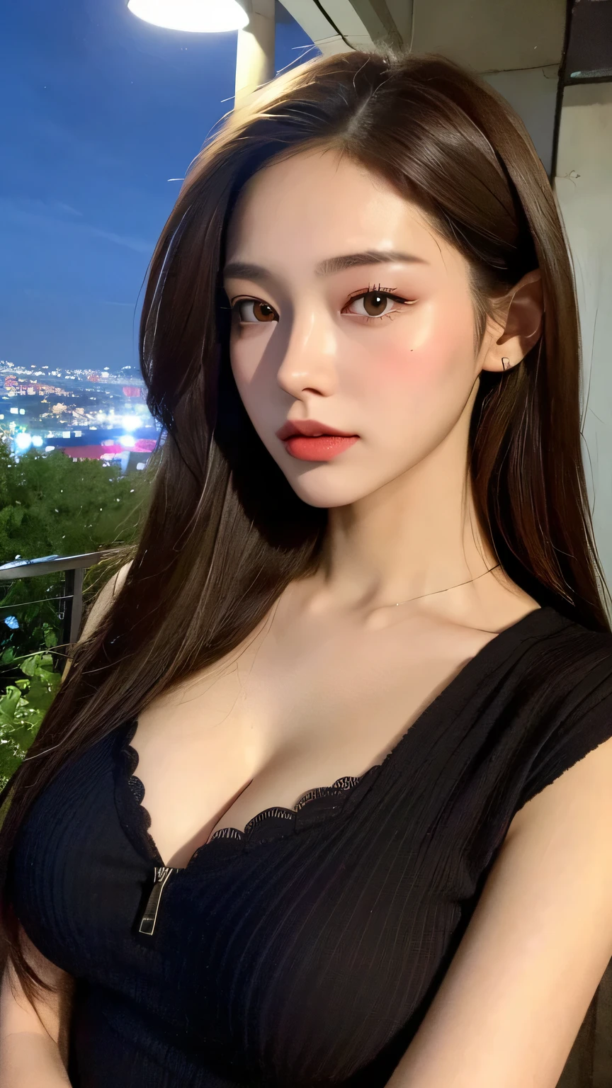 ((midnight, Best quality, 8K, Masterpiece: 1.3)), full bodyesbian, Long legs, Sharp focus: 1.2, Pretty Women with Perfect Figure: 1.4, Slender abs: 1.1, ((Dark brown hair, huge tit: 1.2)), (White tight dress,Mini skirt, ((night cityscape, Rooftop:1.3)), Highly detailed face and skin texture, Detailed eyes, Double eyelids, cleavage