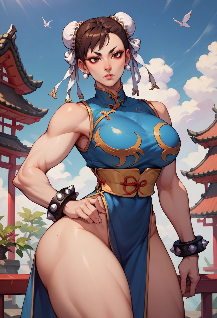 Create a hyper-realistic masterpiece, sexy realistic body, (Chun-Li), cinematic, photorealistic, photogenic, Goddess of beauty, she is adorable, has well-shaped lips, light honey eyes, martial arts fighter expression. She is known for her classic and graceful beauty, very pretty girl, extremely beautiful, Super tall model, defined body with sexy curves and thick legs. the iconic character from the sixth Street Fighter game. (Capture her dynamic fighting stance and powerful kicks with exquisite details, legs bared, showing her pert ass, Pussy showing). ((sexy qipao dress modified to show her legs and her transparent lace panties, erotic qipao dress, qipao micro swimsuit showing her pussy, qipao showing pink lace micro panties that go up to her waist, transparent pink thong panties showing pussy, pussy sticking out of qipao)), (impressive cleavage showing huge breasts, big natural breasts, pointy, big full breasts, hot erotic chun-li). The image must be in high definition (hard drive) and rendered in stunning 8K resolution, showing all the intricate features and textures. (Pay attention to the details of Chun-Li's costume, including her traditional qipao dress and her unique ox horn hairstyle). Use dramatic lighting to increase the scene's cinematic intensity, emphasizing your strength and determination. This photographic request aims to immortalize Chun-Li as a true work of art, showing her beauty, her toned and sensual body, her grace and prowess in martial arts. Focus on the character, focus on every detail of the outfit.