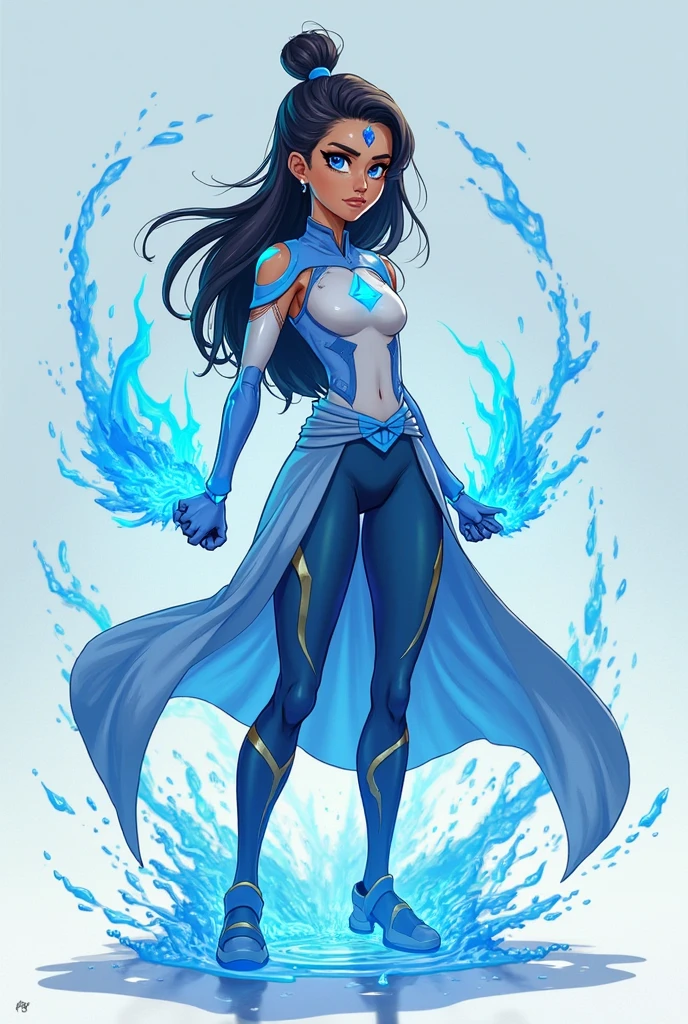 (1girl: 1.8), ((solo)), (dark skinned:1.8), goblin_girl, (azure_blue_hair: 1.8), very long hair, wide body, (small stature:1.6), (huge breast:1.7), hair between eyes, wide hips, blue eyes, mole, mole on chest, age up, lips, big lips, big noise, thick eyebrows, (chubby:1.7), smile, freckles, (super heroine: 1.7), pyrokinesis, (battle suit:1.5), (fight pose:1.7), (blue flames:1.5), sunset, shiny hair, (glowing armor:1.6), wildfire, full moon