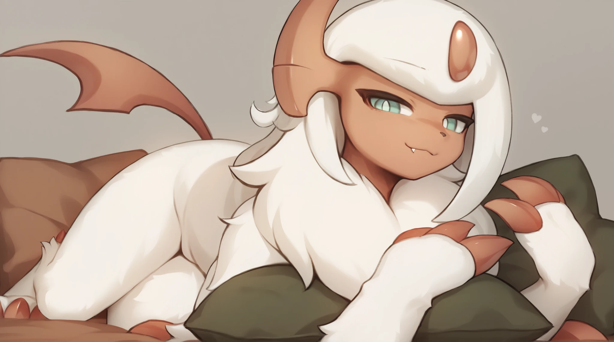 (alta qualidade, high resolution, obra prima), Pokemon \(criatura\), absol shiny/macho, Light red tail, pearl from the forehead light red, White body hair, olhos verde claro, pupilas brancas, light red facial skin, light red claws, Light red horns, pelo branco,  a lot of hair on her /, sozinho, quarto, dormindo, cama grande, hugged with a long pillow, Smile in the shape of 3,  expression, do autor: Zinfyu