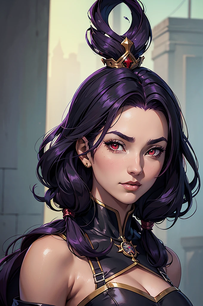 a young adult female succubus, long brown shoulder-length hair, thin horns protruding from forehead, golden eyes, purple skin, purple wings and tail, almond-shaped eyes, wearing a white dress, intricate details, 8k, realistic, cinematic lighting, atmospheric, dark fantasy, vibrant colors