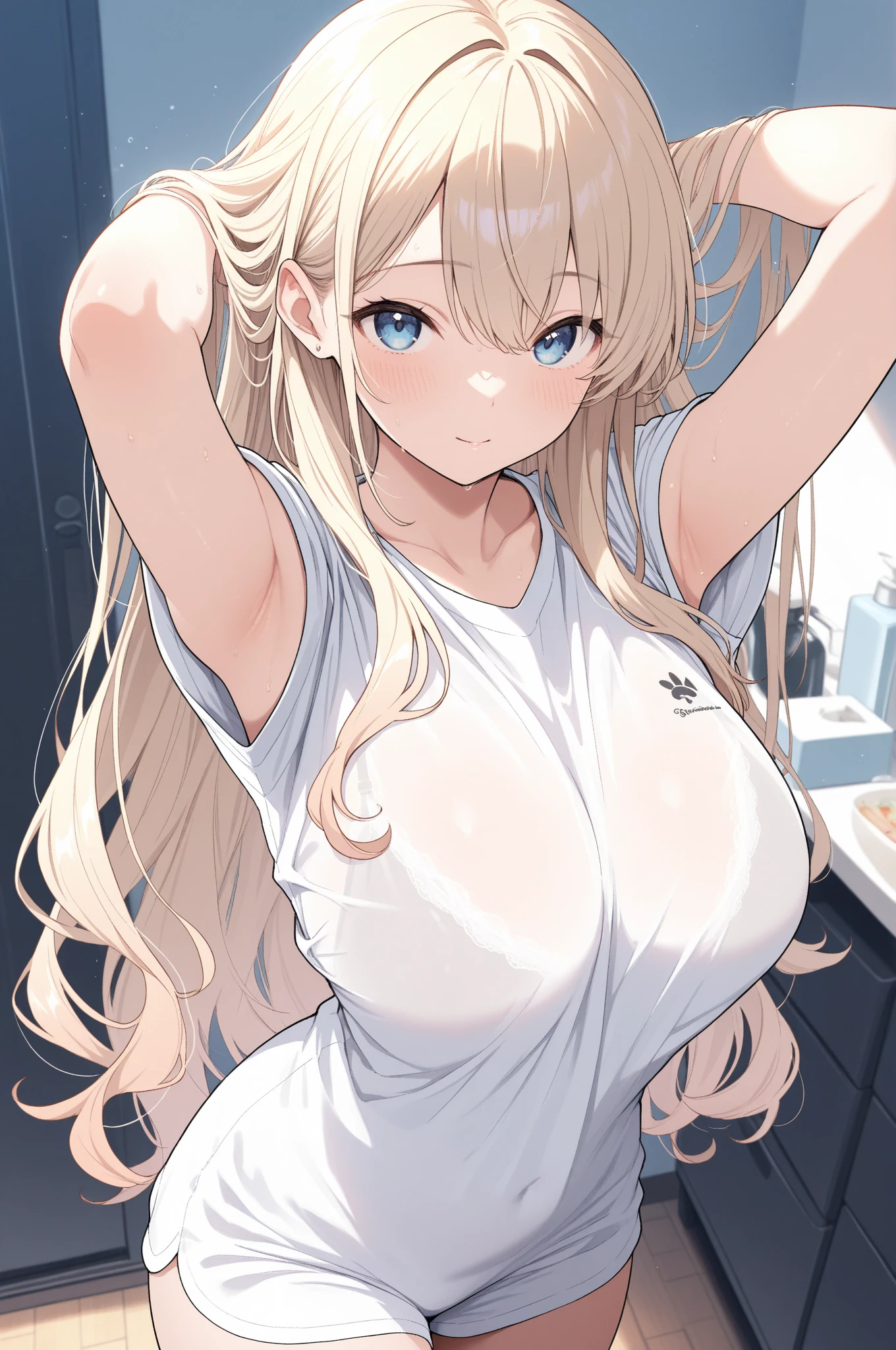 masterpiece、highest quality、Very detailed、An illustration、Beautiful fine details、One Girl、cute、Detailed landscape、Training Room Background:1.4、Platinum Blonde Hair、Braided Ponytail、Red camisole、((a cup breasts, Tank top showing underboob:1.3))