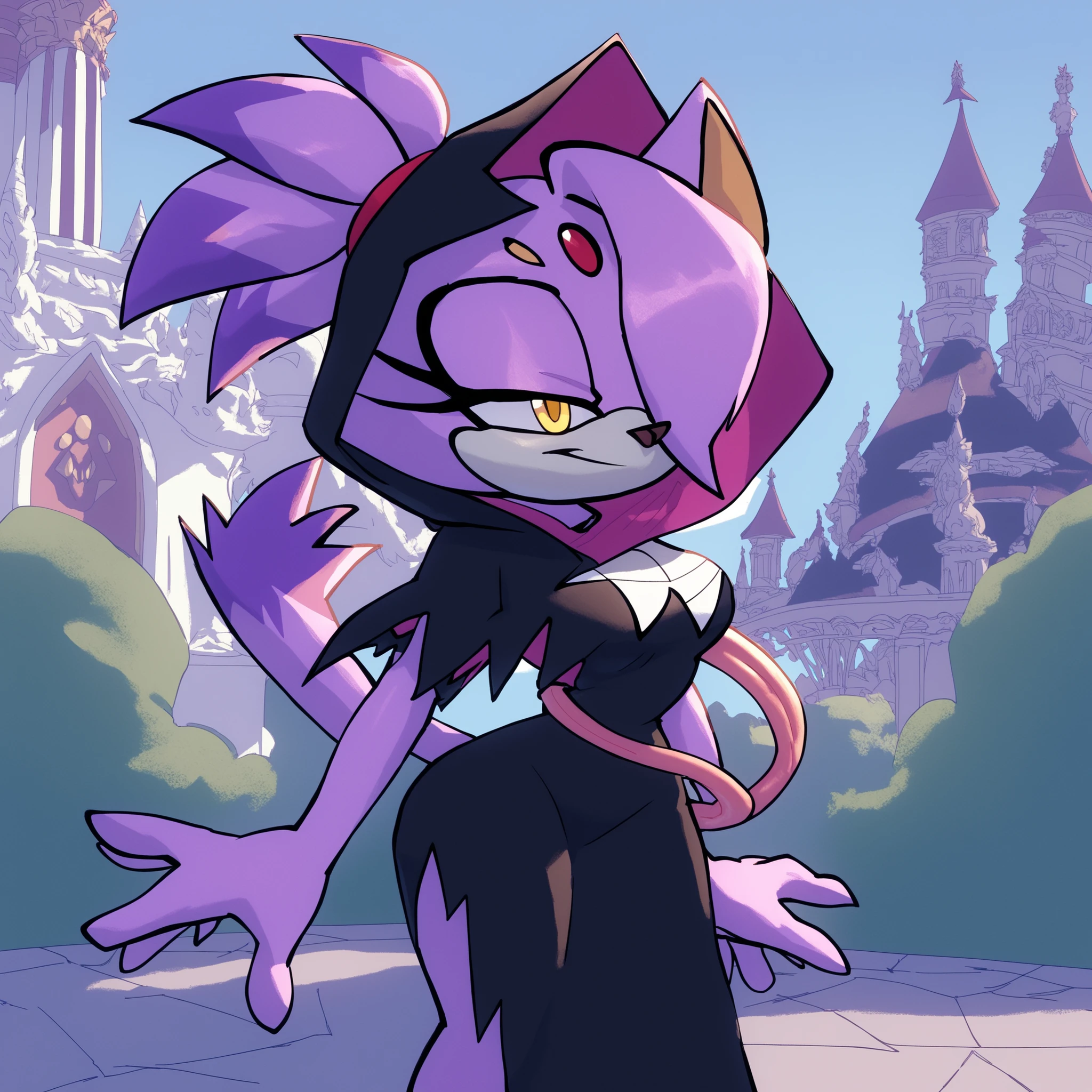 Daughter of Blaze the Cat (Bigdad/character), female, (long hair), solo, outdoors, medium breasts, fuzzy fur, symbiote like dress, hood up, black dress, long tongue, silk, spider web cosplay, black hood, hooded dress, (furry), lavender colored fur, white markings on dress, palace garden, nighttime, hair sticking out of hood, the next generation after Blaze, hair bangs partially over one eye, yellow eyes, evnstnly, (Mobian), fluffy fur, Sonic OC
