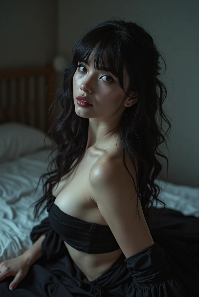 Girl 1 , long black hair perfect body, naked illuminated by the moon, in the bedroom , pose selfie, dark, I see I don't see , light dark , sexy pose, selfie
