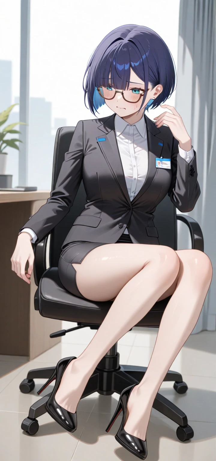 (masterpiece:1.2, Highest quality), (Realistic, photoRealistic:1.4), Beautiful illustrations, (Natural Side Lighting, Cinema Lighting), View your viewers, Cowboy Shot, Front view, 1 girl, Japanese, high school girl, Perfect Face, Cute and symmetrical face, Glowing Skin, Baby Face, (Long Hair, Straight hair, Silver Hair), Hair between the eyes, Purple eyes, (Middle chest, Captivating thighs, Big Ass), Earrings, Beautiful Hair, Beautiful Face, Beautiful attention to detail, Beautiful clavicle, Beautiful body, Beautiful and big breasts, Beautiful thighs, Beautiful feet, Beautiful fingers,Cleavage ((Long sleeve, White collar striped shirt, Black suit jacket, Black Pencil Skirt), ID card, strap, Black high heels), (Beautiful views), evening, office, walk, (Face stained with pleasure, Upward glance), Spread your legs,Sit at the table,Pink intricate lace and lingerie