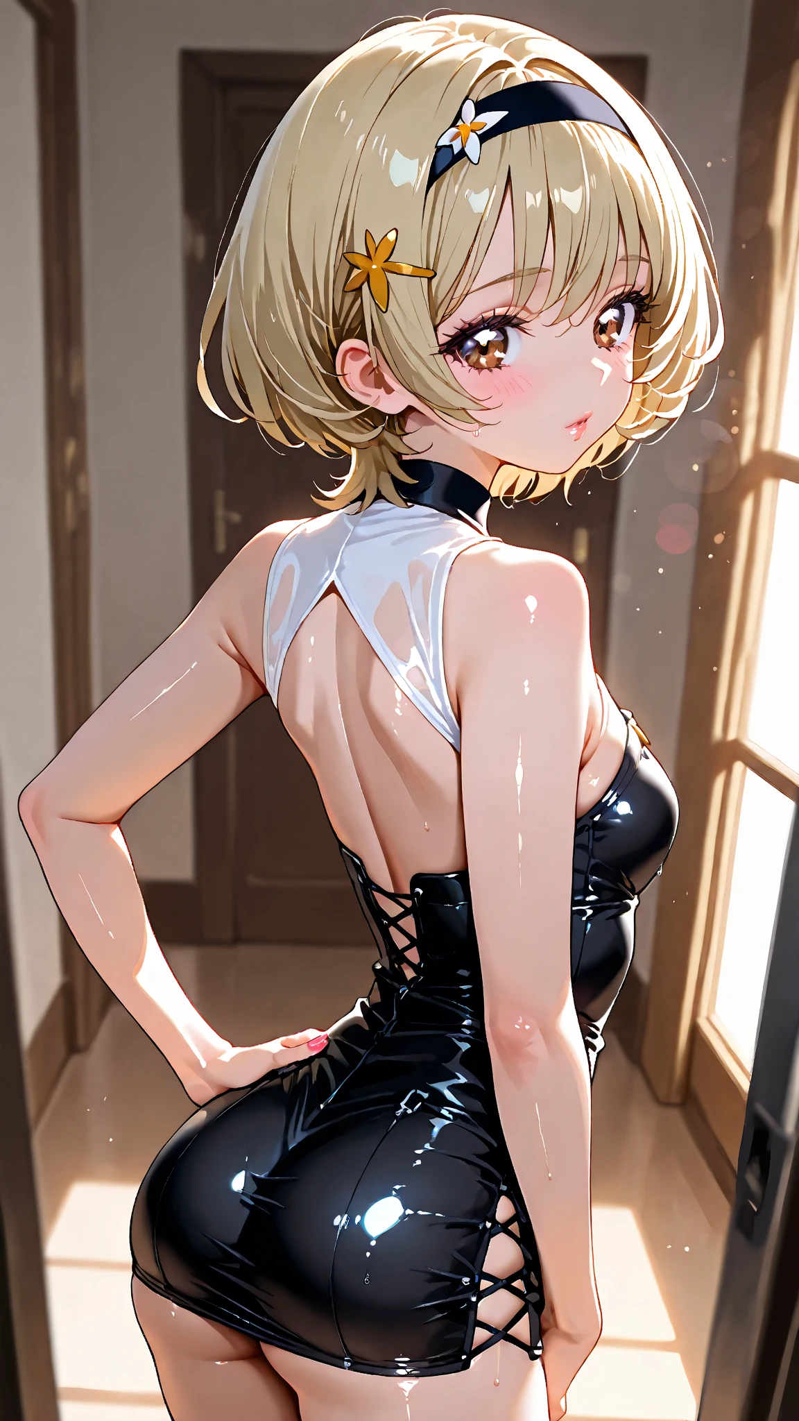 highest quality、masterpiece、Ultra-high resolution、(Character Focus、breast focus,whole body), (One Girl: 1.4)、Anime 2D Rendering, Realistic young anime woman、
Five Fingers, Perfect Face, Beautiful fine details, Beautiful body, Beautiful thighs, Beautiful feet, White beautiful skin,
Blonde、(short hair)、dark red eyes、
((Sleeveless high neck sweater dress)、Black Pantyhose、High heels)、
Face towards the viewer、A pretty face and a charming smile、(Are standing:1.4),