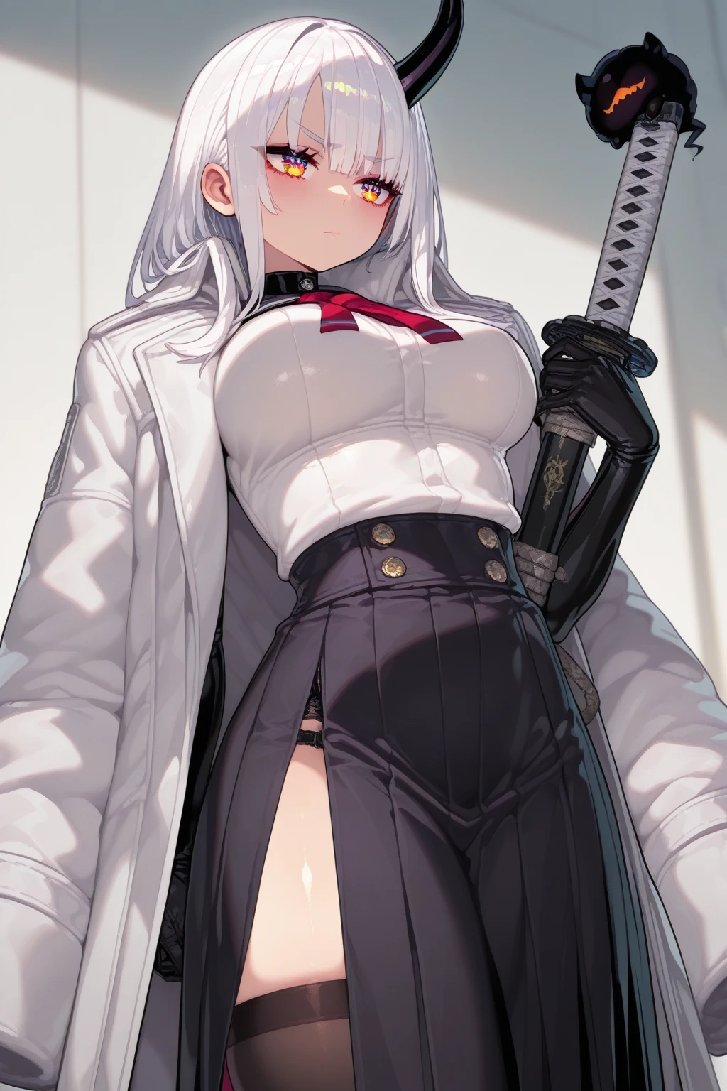 ((masterpiece)), ((best quality)) (ultra-detailed), backlit lighting, extremely detailed background,,de pele branca, Massive, muscular girl, Kaiju, aggressive, Proud,long, wavy white hair,Long dark blue coat,very very gigantic boobs,muffler,Wolf Girl,Golden decoration,big tail,trouser,Big animal ears,huge sword,long boots,Warm clothing,Clothes that are large in size,No skin exposure,Fluffy,venusbody,arknights,angry,
