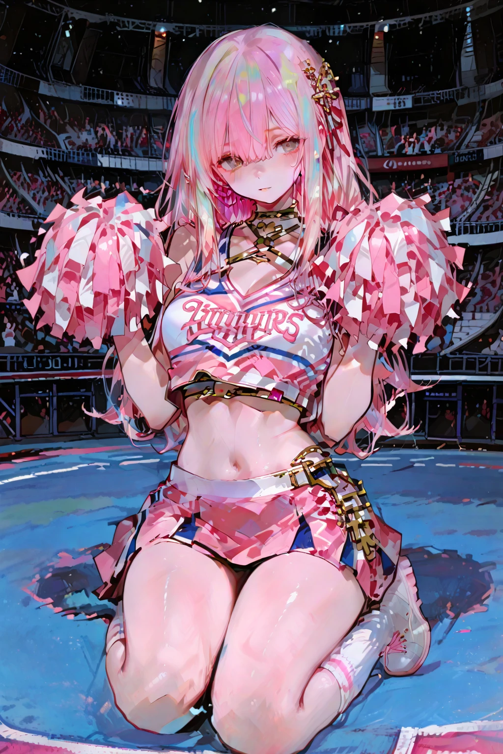 The most beautiful and sexy rugby player girls, Pink Hair, blue eyes, Wearing a highly detailed and sexy rugby uniform, Huge Huge , I can see her cleavage, Have a rugby ball, Highly detailed background, A perfect masterpiece, high quality, High resolution