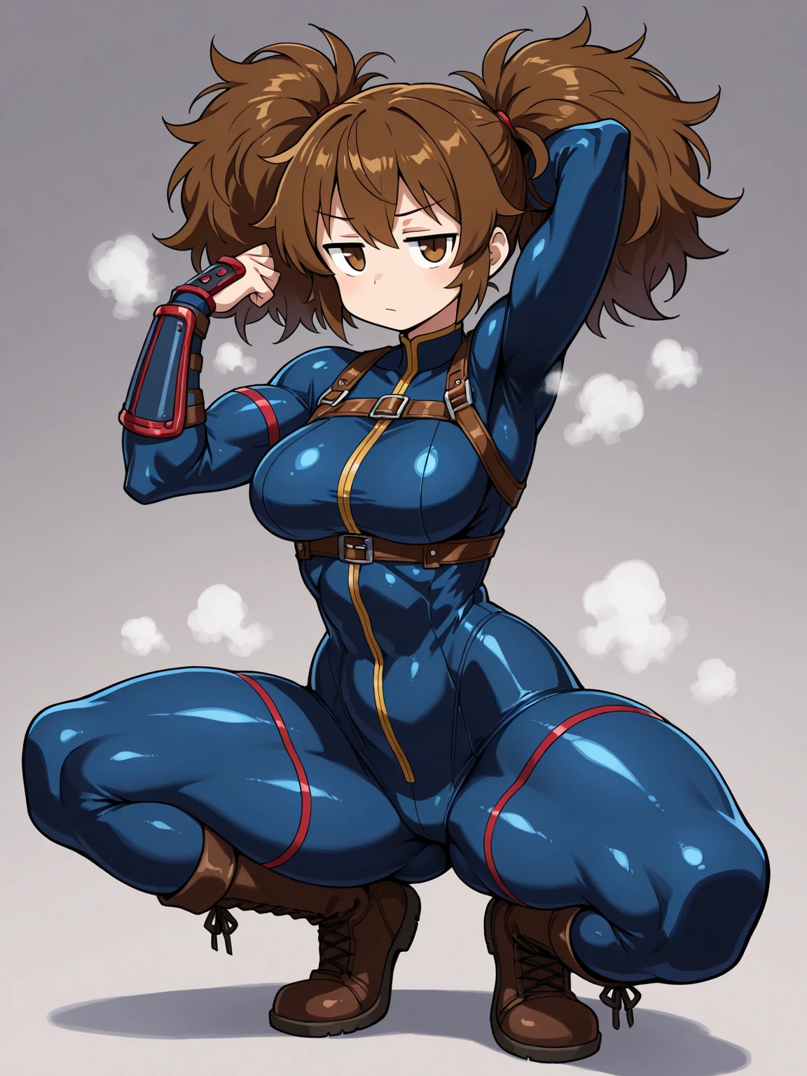 ultra-detailed, Explicit, Beautiful body, Beautiful Nose, Beautiful character design, perfect eyes, perfect face, ultra highres, 4K, beautiful legs, perfect legs, Nice hands, Perfect hand, Masterpiece, Best Quality, Highly detailed, illustration, absurdres, perfect anatomy, street fighter, doll suit, shadaloo doll, dollsuit, expressionless, blank eyes, looking at viewer, red gloves, emotionless, black latex, corrution, mind control, female combatant, full body, hypnotized, unhappy trance, full body suit, ribbed bodysuit, both arms at side, obey, perfect female body, extremely glossy latex, hypnosis, hypnoLora, empty eyes, Mind control device, poses, submissive_pose, Slave, lying down straight, lying down, lying down at attention, hat, necktie, belt, latex, ribbed bodysuit, thighhighs, garter belt, Fighting Stance, extending the right arm from the shoulder into the air with a straightened hand, military, thigh boots, 1girl, hair ornaments, brown hair, short hair, brown eyes, (((pixel-perfect, detail-perfect))), solo, 1girl, Mirai Kasuga, MILLION LIVE!